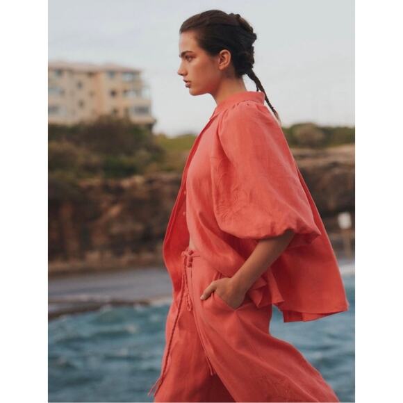 Joslin Hibiscus Orange Linen Ballon Sleeve Floral Button Down Top NWT Size 6 - Picture 3 of 8